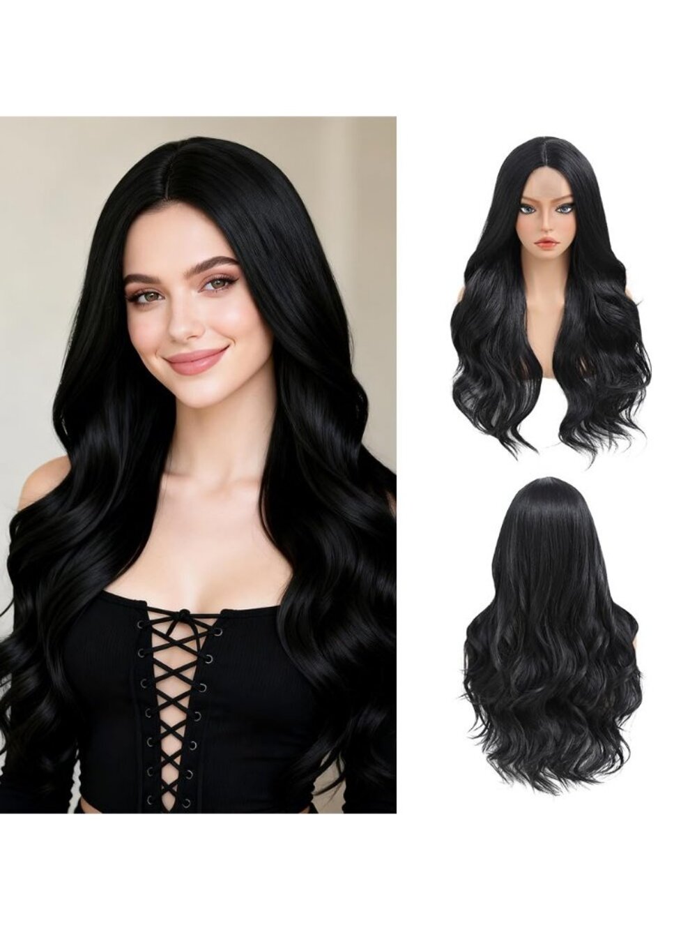 Women's Black 26 Inch Middle Part Natural Looking Synthetic Curly Wigs